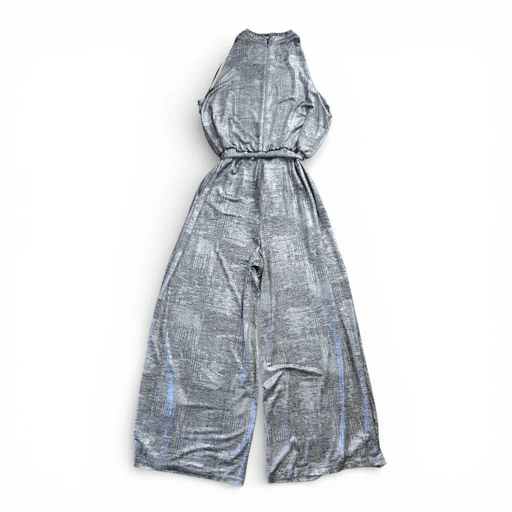 NWT Vince Camuto Metallic Silver Wide Leg Jumpsuit Women Mock Neck Sleeveless 16